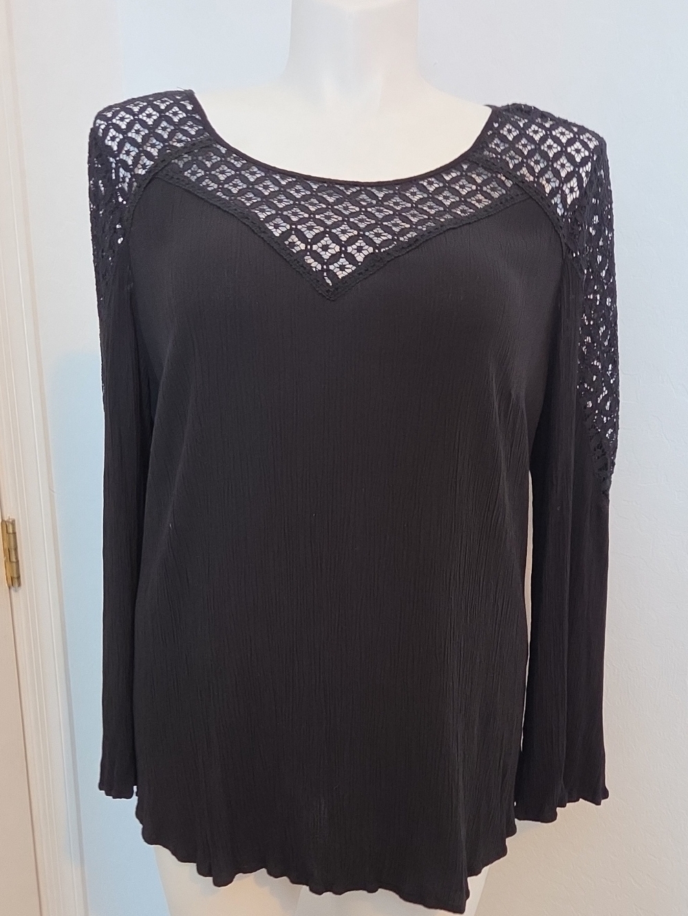 Cato Black Long-Sleeve Top with Lace Yoke
